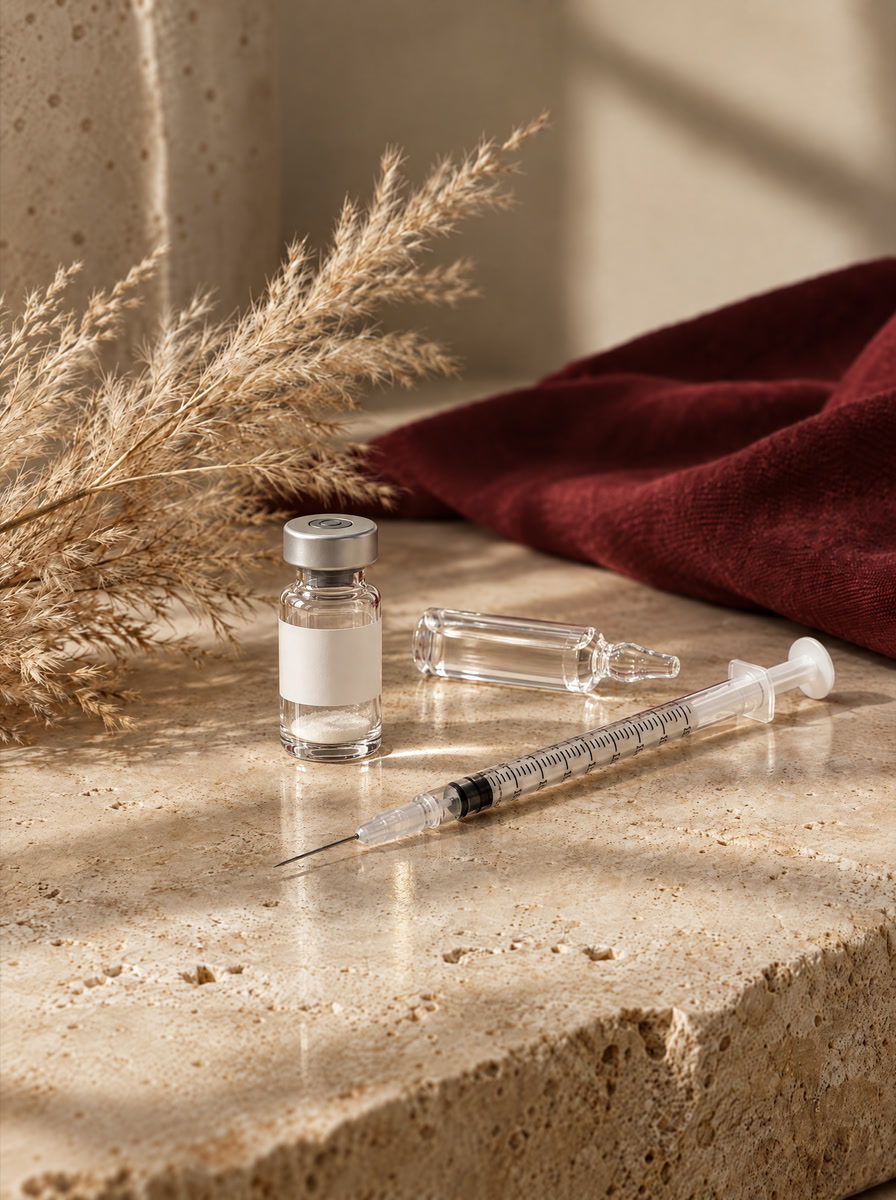 Illustrative still life: a neurotoxin vial with freeze-dried powder, a saline ampoule and a syringe on travertine