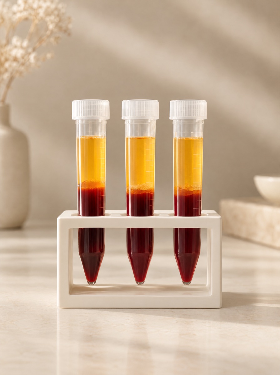 Illustrative still life: centrifuge tubes showing a golden platelet-rich layer